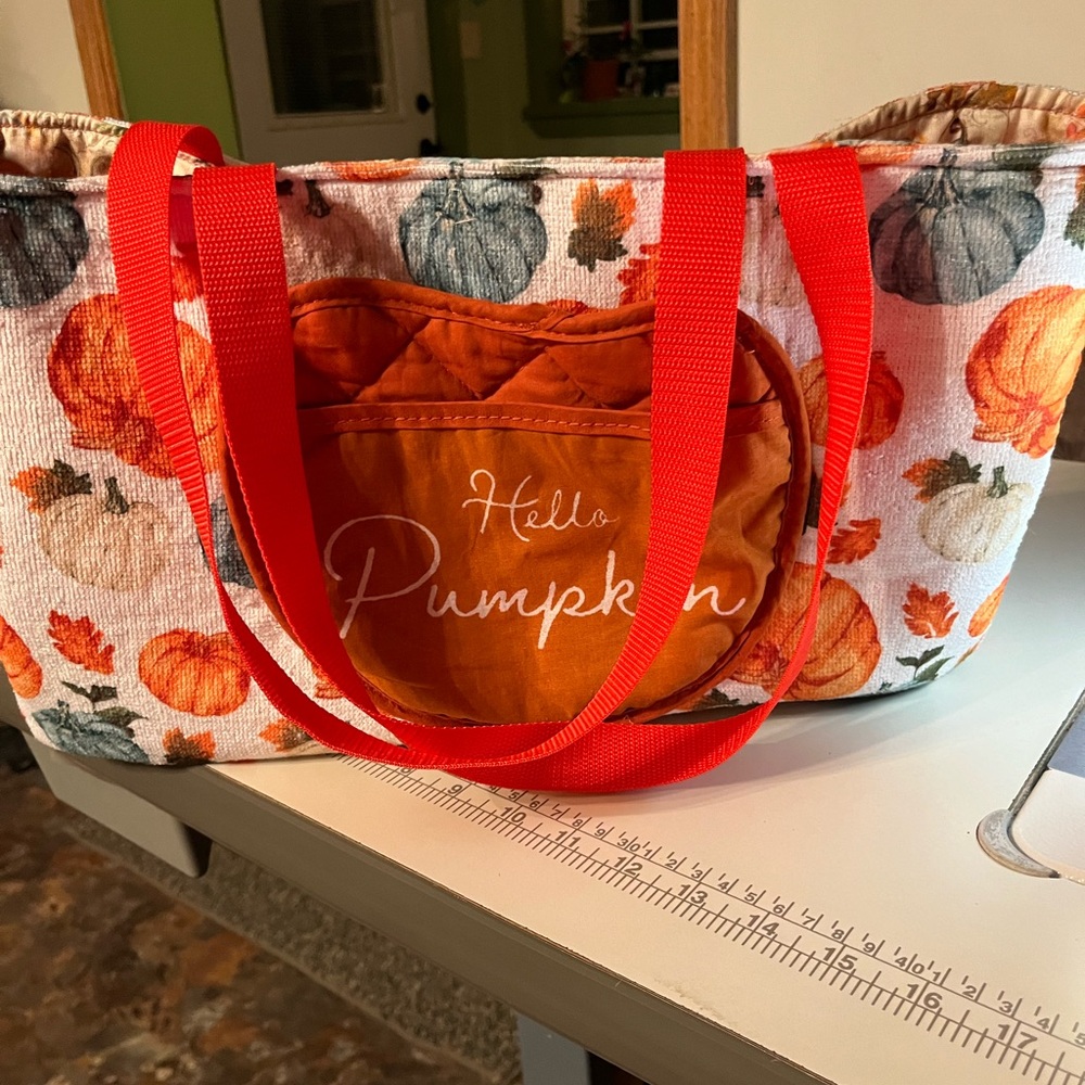 Hello Pumpkin Tote Bag with Orange Straps